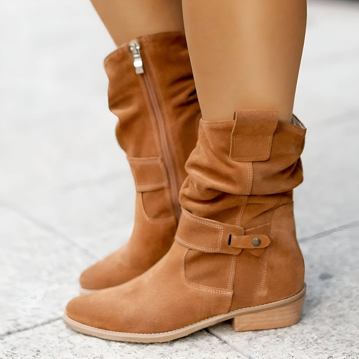 Comfortable women's ruched ankle boots, perfect for everyday wear with easy side zip.