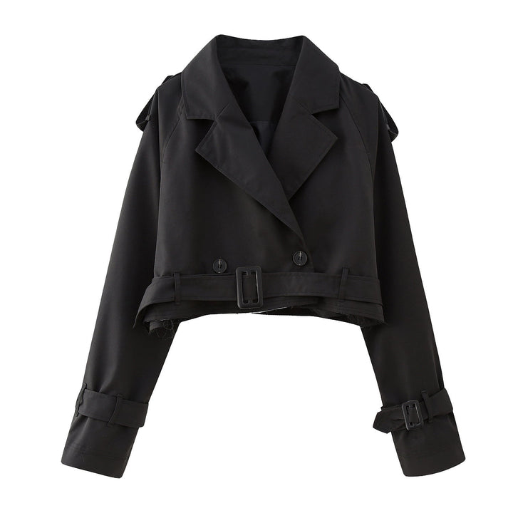 Stylish women's short trench coat with double-breasted front, perfect for fall and spring fashion