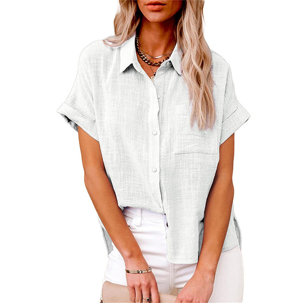 Everyday chic: women's short sleeve button-down shirt. A versatile collared top, perfect for casual summer outfits.