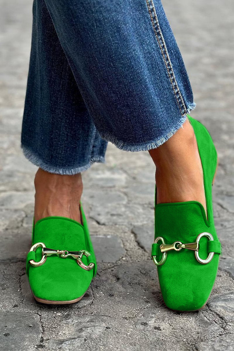 Fashion-forward women's square toe loafers with horsebit buckle. Slip-on flat shoes for stylish comfort footwear.