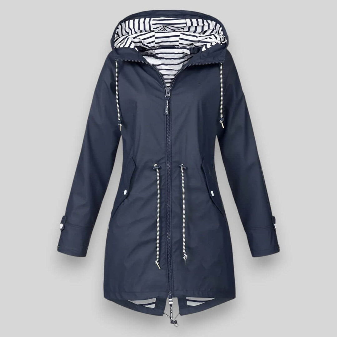 Women's stylish waterproof rain jacket, offering chic weather protection for everyday wear.