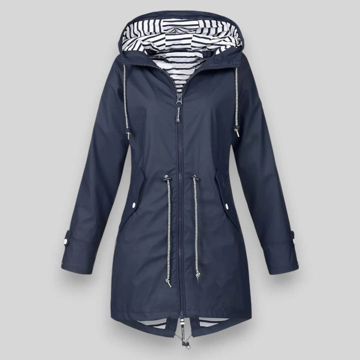 Women's stylish waterproof rain jacket, offering chic weather protection for everyday wear.