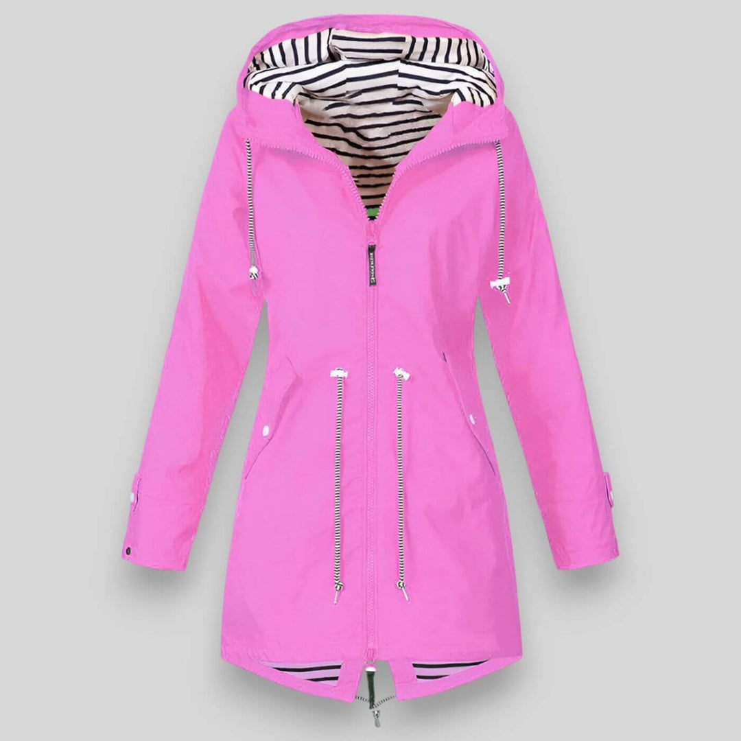 Women's stylish rain jacket: waterproof & adjustable for ultimate weather protection. Perfect for spring/fall.