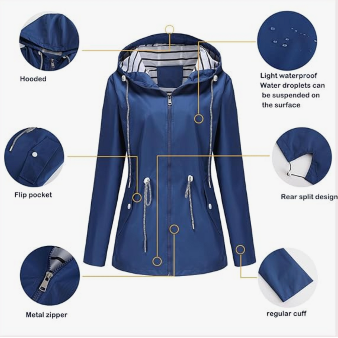 Stay dry & chic with this women's stylish waterproof rain jacket, perfect for unpredictable weather.