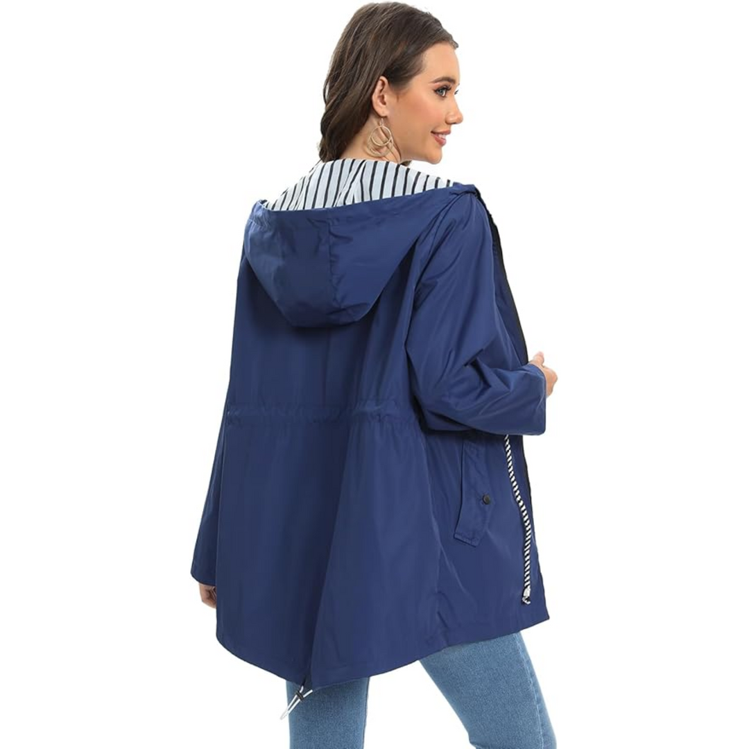 Elegant women's waterproof rain jacket, combining fashion with practical all-weather protection.