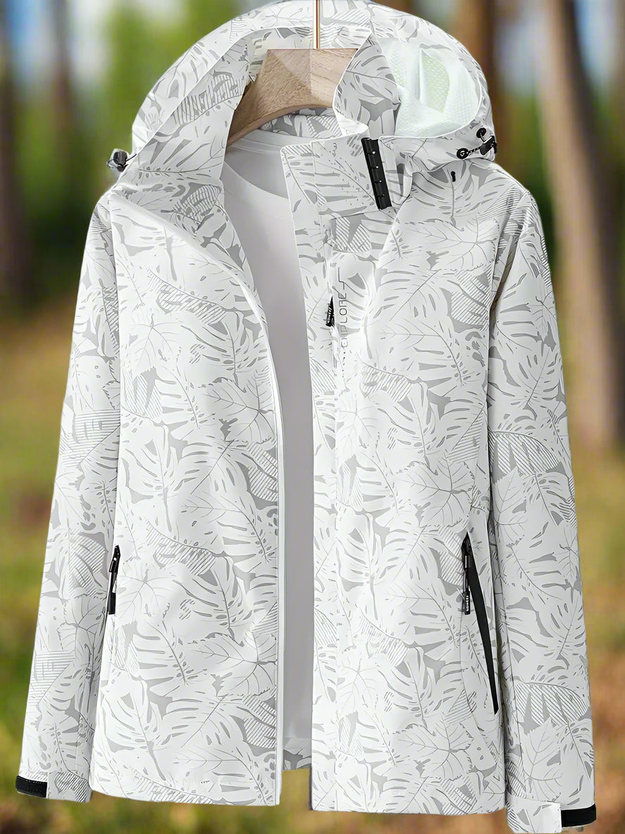 Breathable women's rain jacket, a stylish & lightweight waterproof summer outerwear, ideal for wet weather comfort.