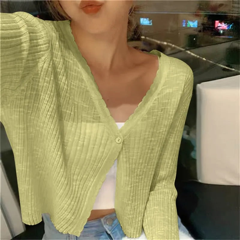 Lightweight women's cropped cardigan. Soft, breathable fabric, button front. Ideal for summer layering & spring fashion.