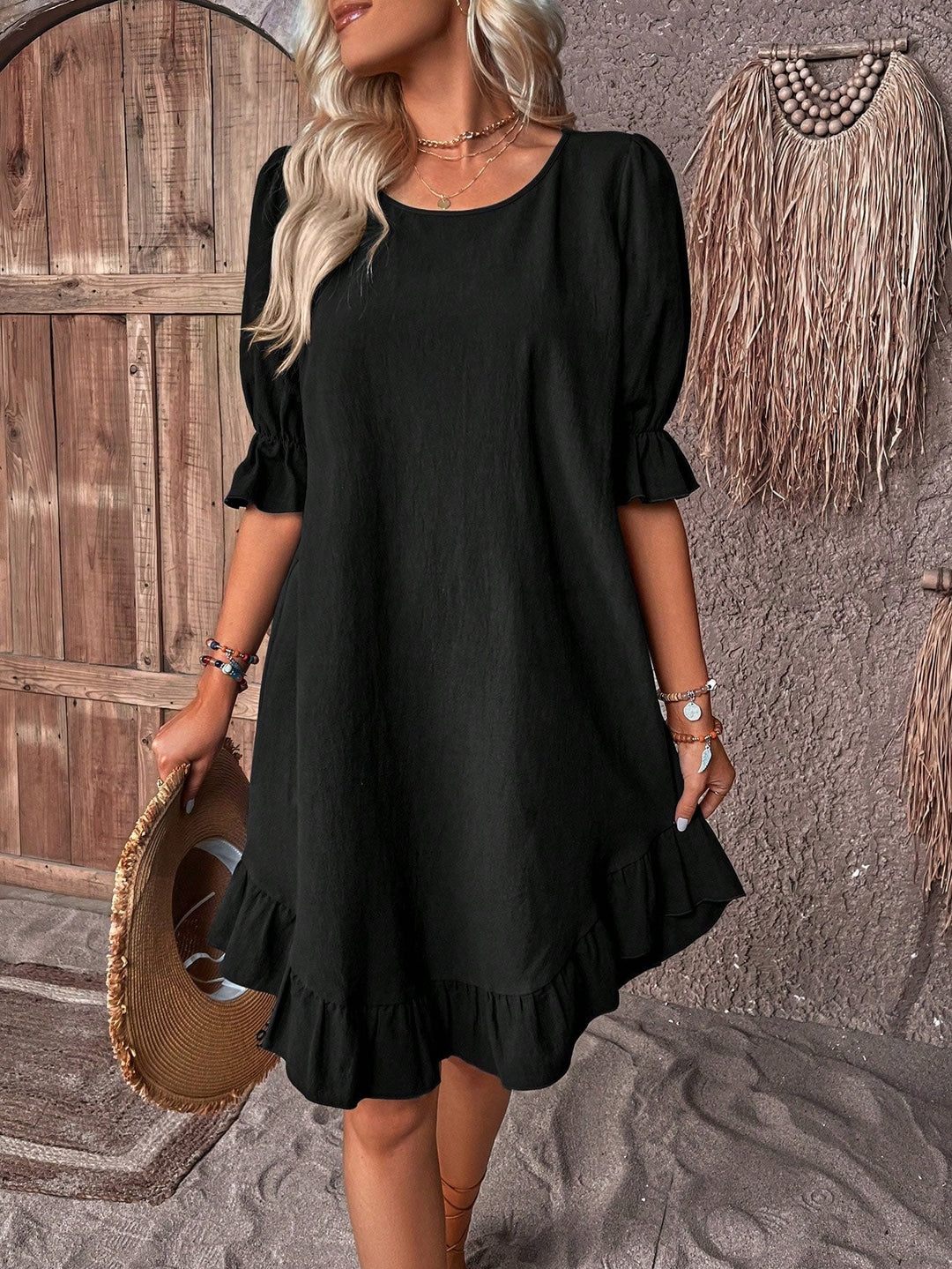 Relaxed fit women's summer midi dress, perfect for vacation or beach. Offers comfortable tummy coverage.