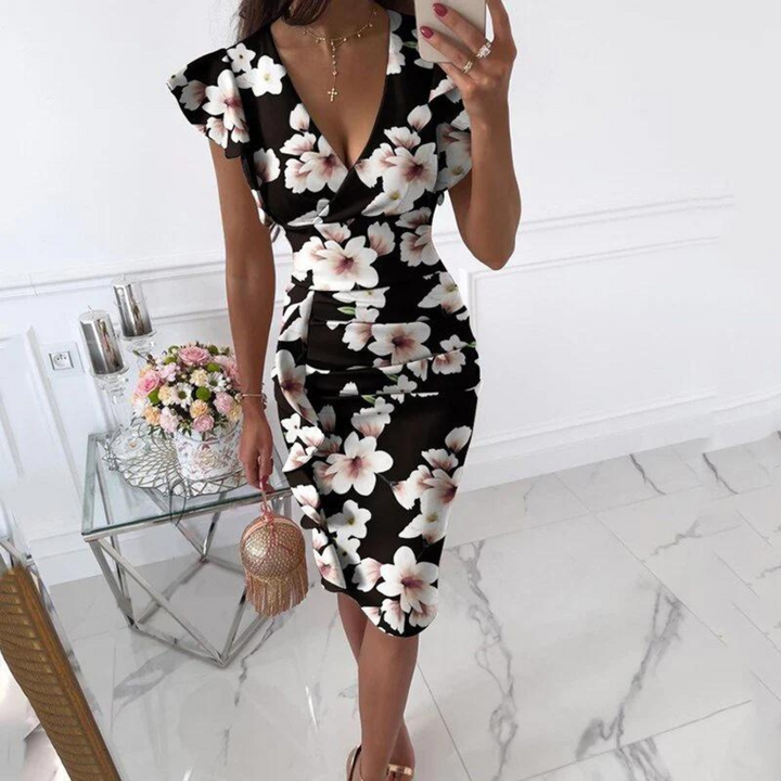 Women's summer midi dress with V-neck, short sleeves, and a flattering, fitted silhouette for effortless style.