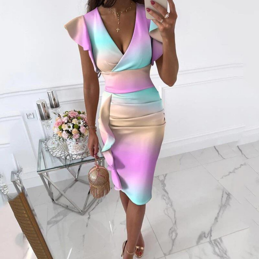 Stylish women's summer V-neck midi dress, designed with a flattering fitted cut for effortless holiday fashion.