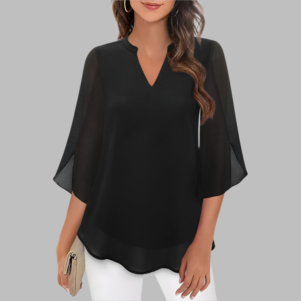 Women's summer v-neck top with elegant petal sleeves, ideal for casual or office wear. Versatile short sleeve blouse.