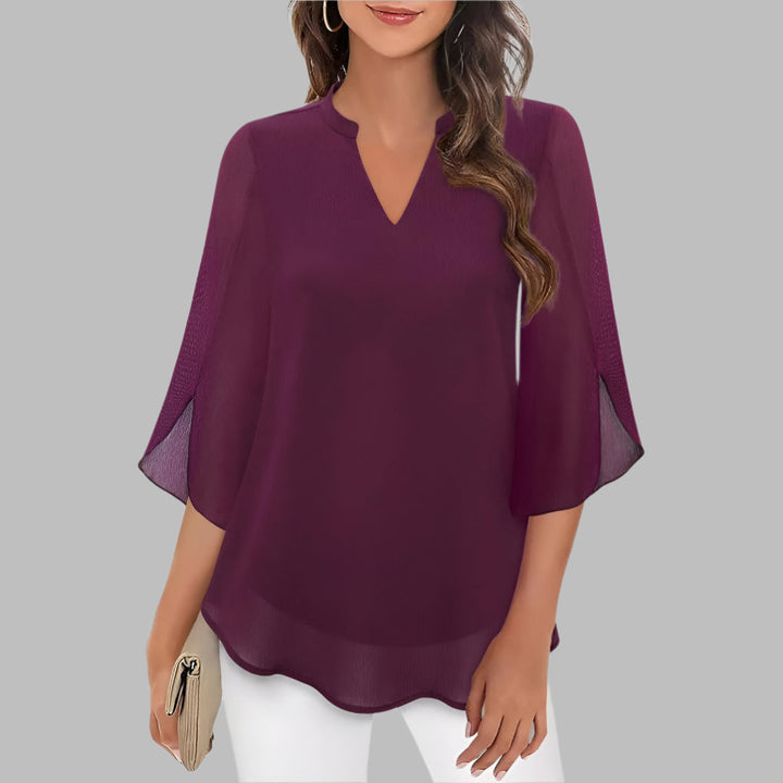 Elegant women's v-neck blouse with unique petal sleeves, perfect for spring or summer. Stylish casual & office top.