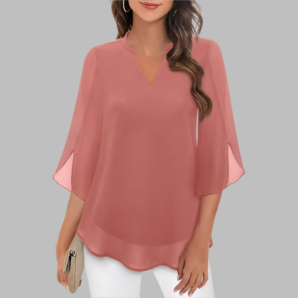 Comfortable women's summer v-neck top with pretty petal sleeves. Casual short sleeve blouse, great for warm weather.