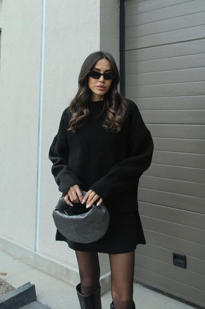 Matching knit set with a cozy sweater and a stylish mini skirt for women's apparel