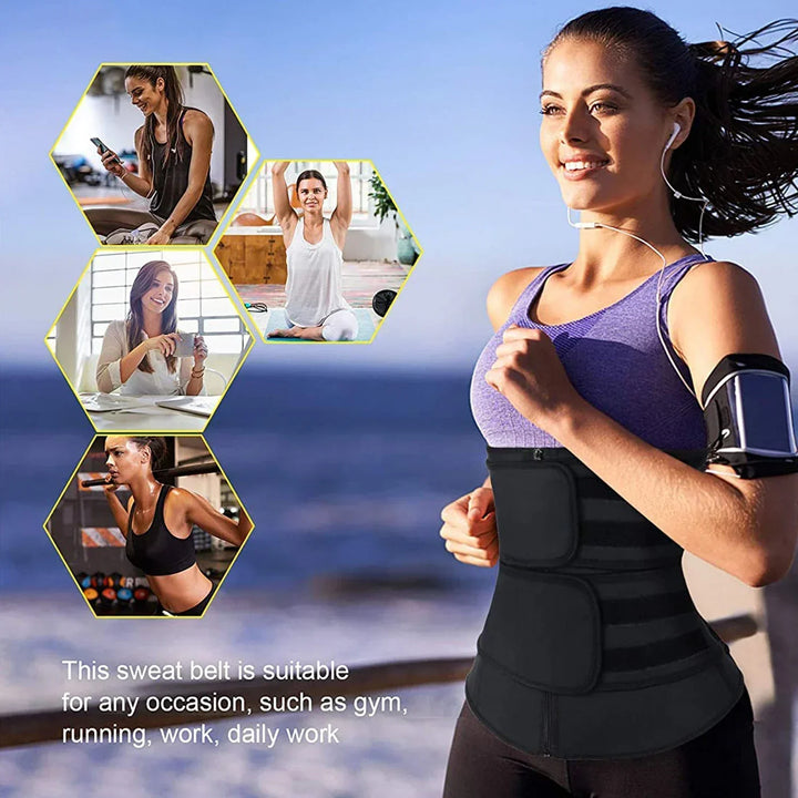 Adjustable SweatPro neoprene waist trainer for women, promoting sweat & weight loss, ideal for body shaping & gym.