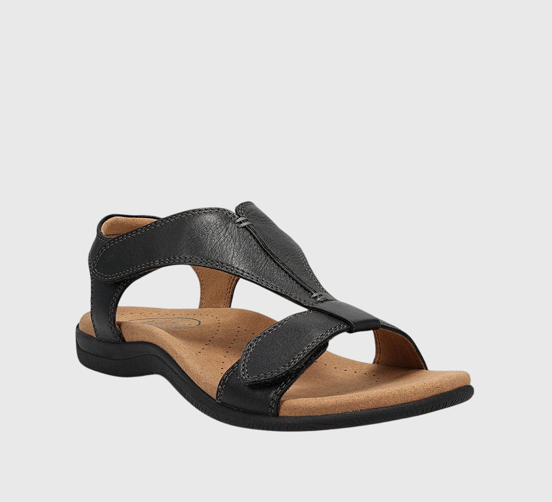Women's T-Bar Hook Loop orthopedic flat sandals. Comfortable arch support for walking & casual wear.