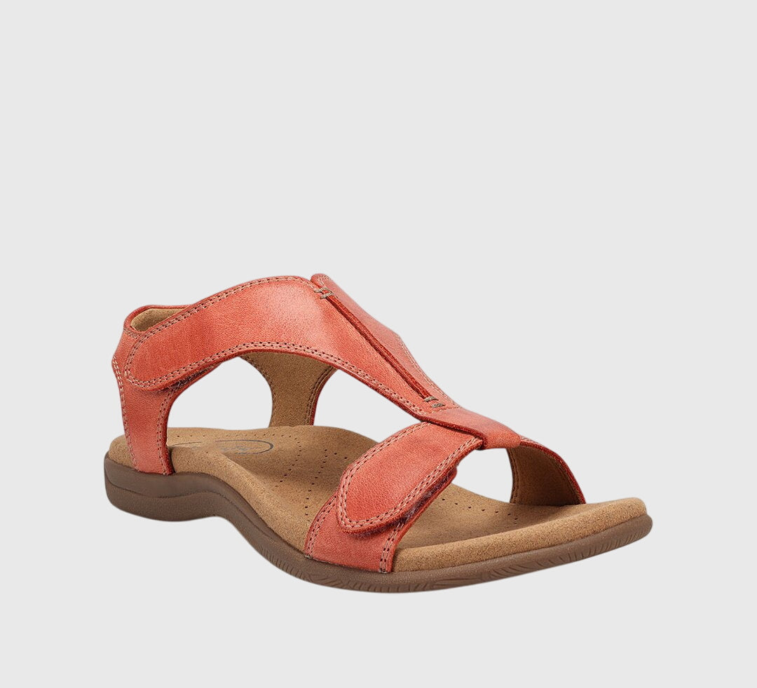 Women's orthopedic comfort flat sandals with T-Bar design. Arch support, adjustable for walking.