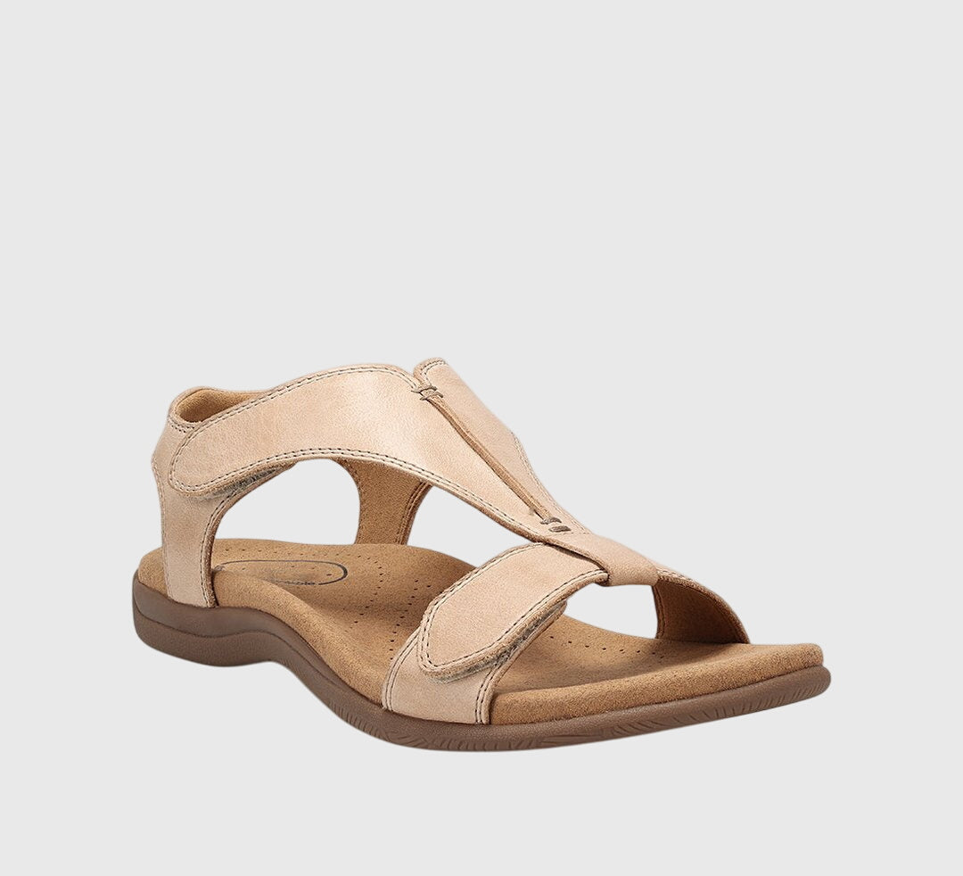 Stylish women's T-Bar flat sandals with hook loop closure. Orthopedic comfort for summer walking.