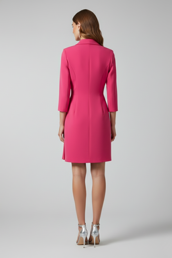 Stylish women's long sleeve blazer dress with a sharp notched collar and elegant straight hem detailing.