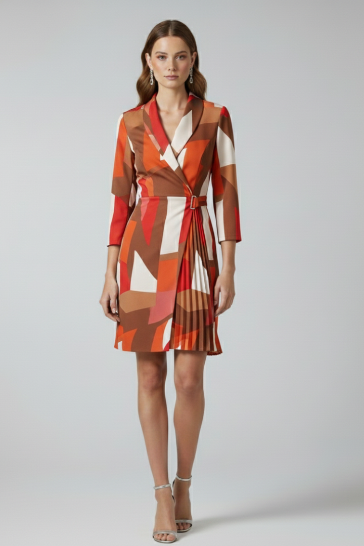 Women's business blazer dress, tailored for success, with an elegant notched collar & straight hem.