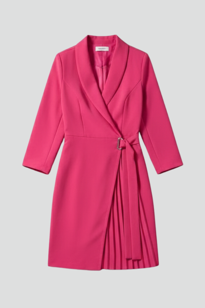 Women's long sleeve blazer dress, notched collar, straight hem, tailored fit for professional elegance.
