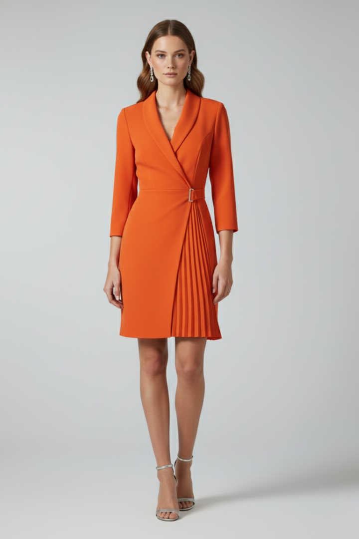 Professional women's blazer dress, featuring a sharp notched collar, long sleeves, and a sleek straight hem.