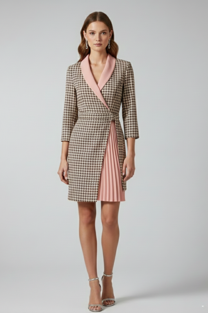 Sophisticated women's blazer dress for business attire, tailored fit, with notched collar & straight hem.
