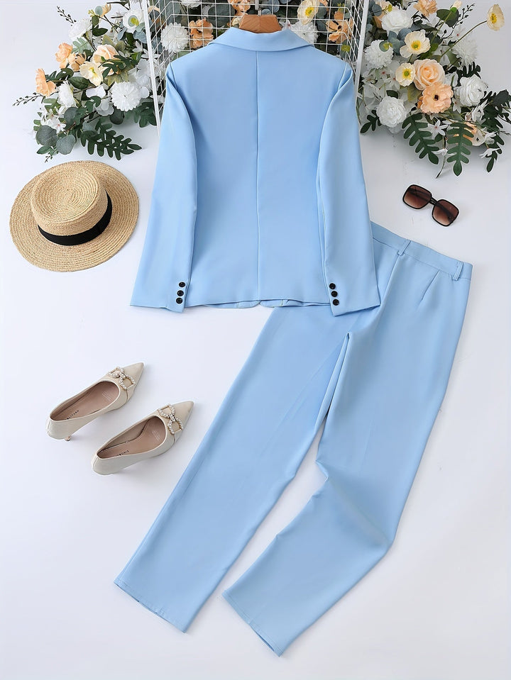 Women's notched lapel blazer & slim trousers set. A versatile two-piece suit for office or formal wear.