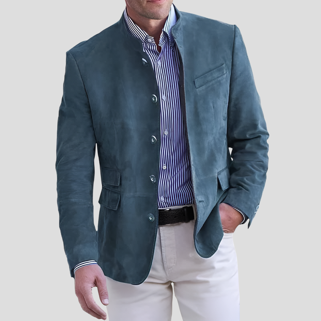 Women's tailored blue button-up jacket with stand collar. Mid-season outerwear, available in plus size for casual or semi-formal wear.