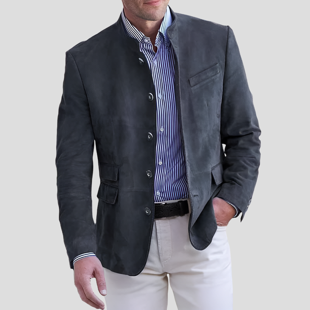 Stylish gray women's mid-season jacket with a tailored fit & stand collar. Versatile button-up outerwear for women.