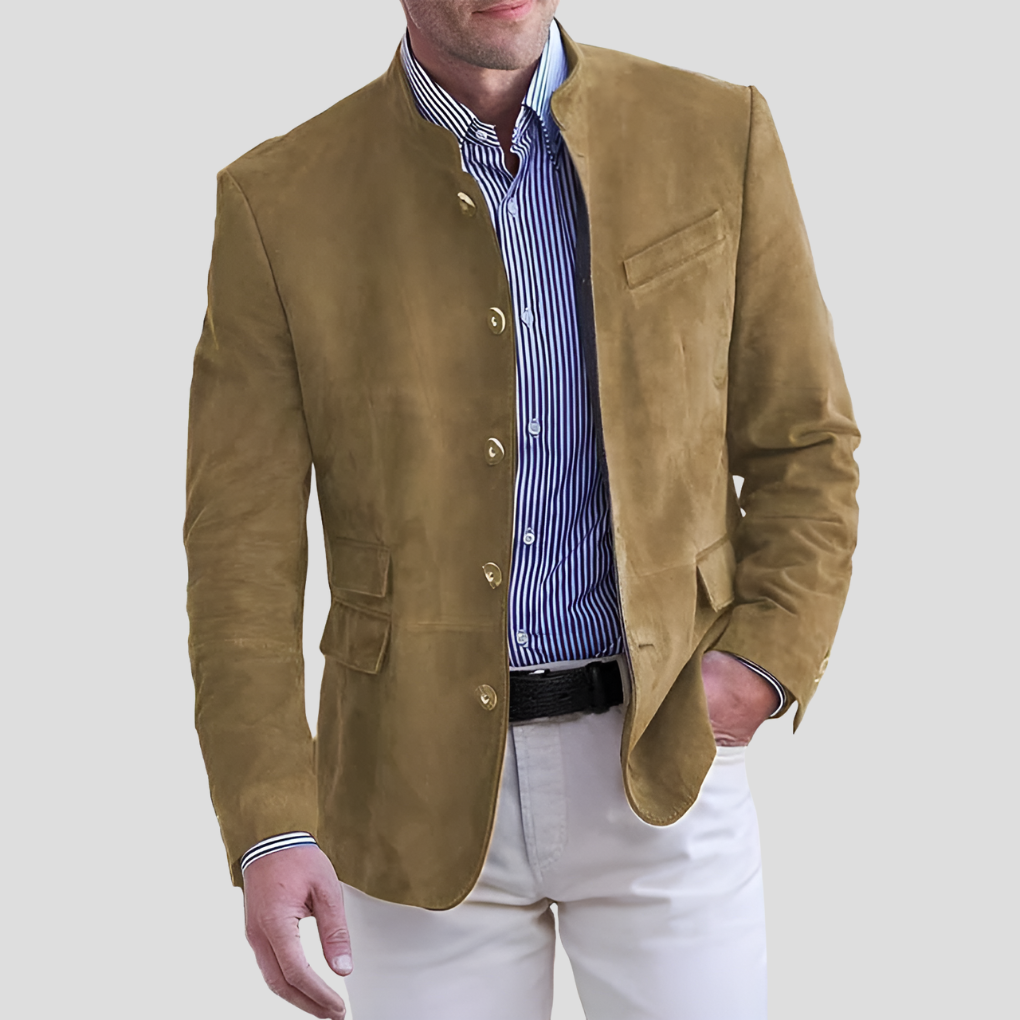 Khaki women's tailored jacket, mid-season button-up with stand collar. Perfect casual to semi-formal outerwear for women.