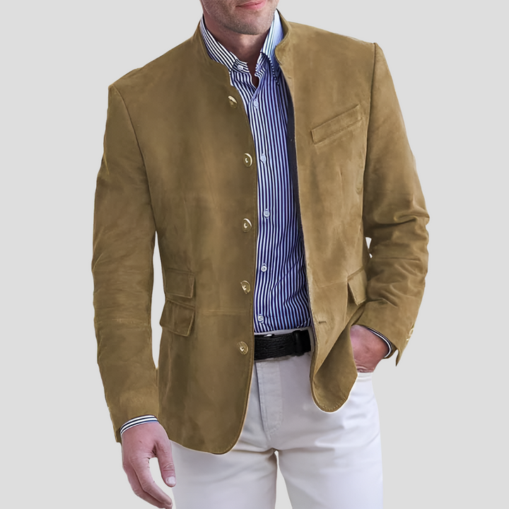 Khaki women's tailored jacket, mid-season button-up with stand collar. Perfect casual to semi-formal outerwear for women.