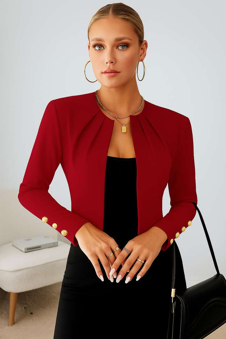 Versatile open-front cropped tailored blazer for women, perfect for elegant office & professional looks.