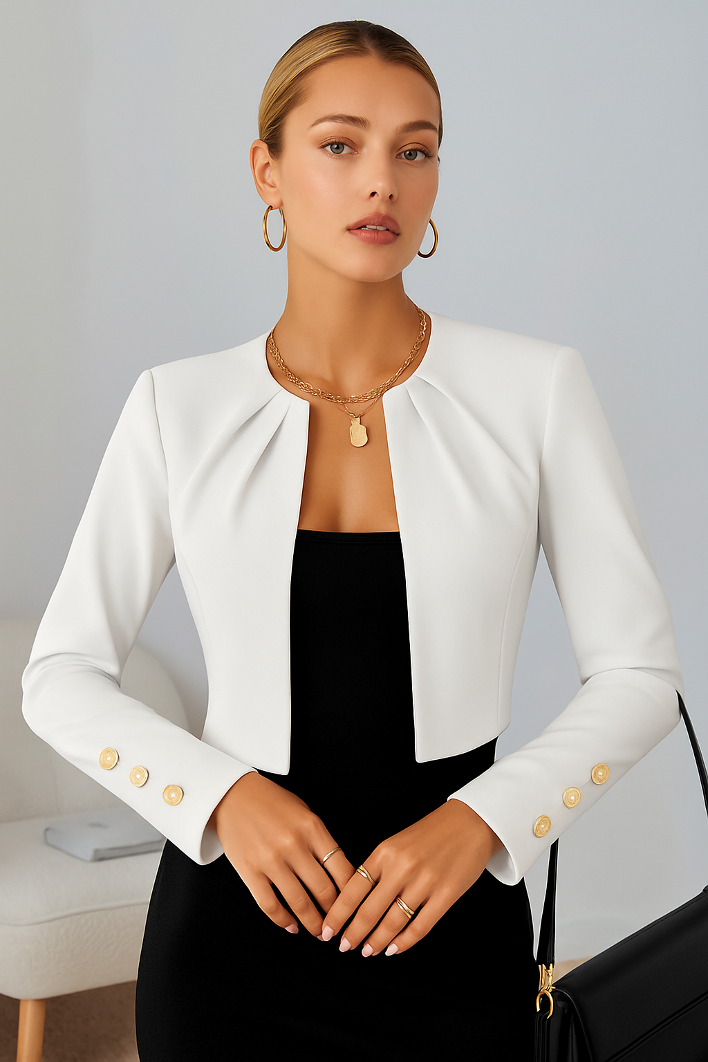 Elegant women's structured cropped blazer, a tailored jacket for sophisticated business and office wear.