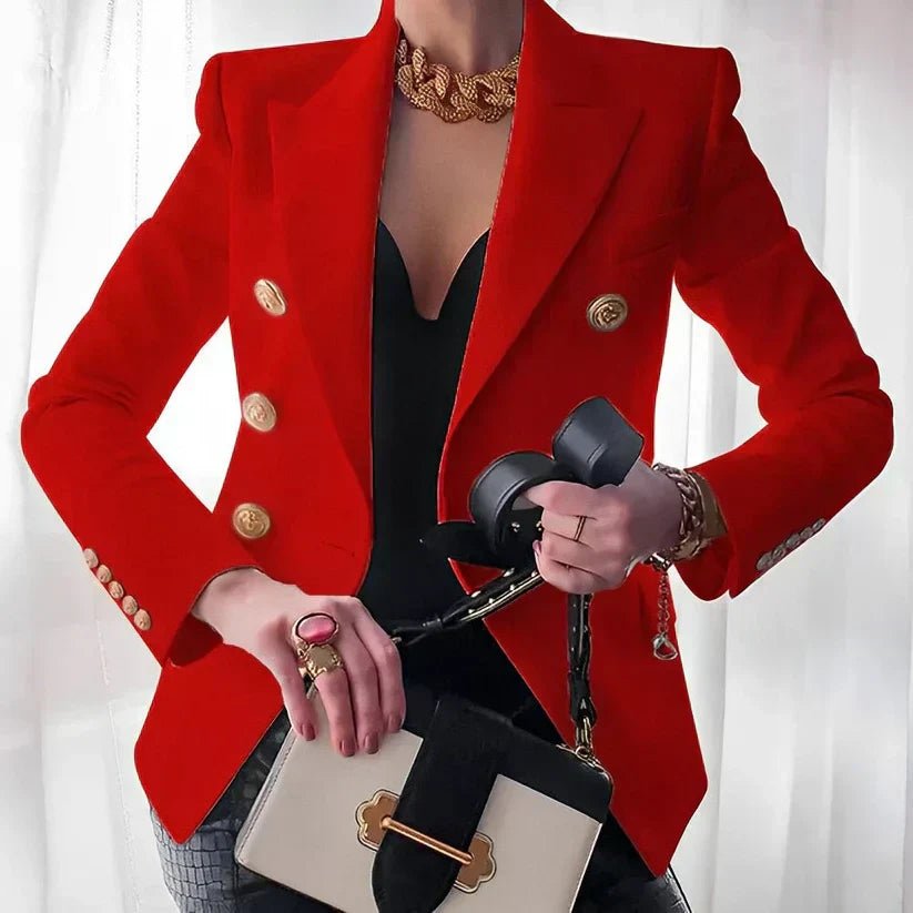 Elegant women's tailored blazer, double-breasted with striking gold buttons. Perfect for formal wear.
