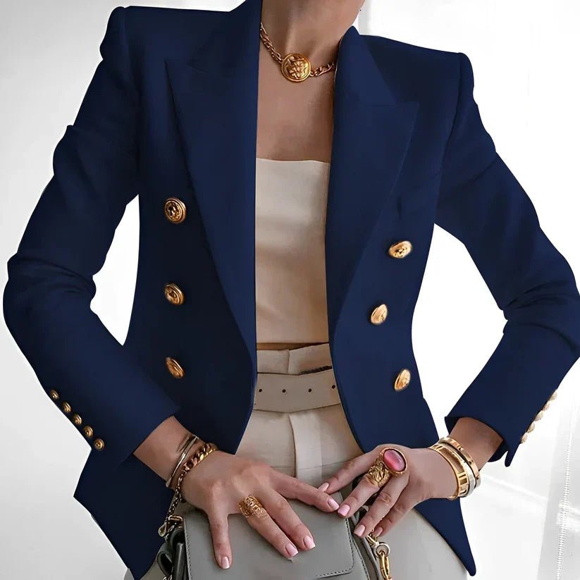 Power dressing women's blazer. Chic double-breasted design with distinctive gold buttons. Professional.