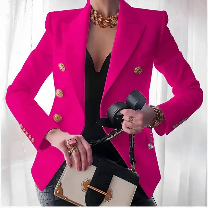 Versatile women's tailored double-breasted blazer with gold buttons. Professional & chic outerwear.