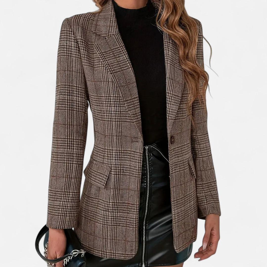 Women's tailored fit plaid blazer, perfect for professional office wear and chic evening elegance.