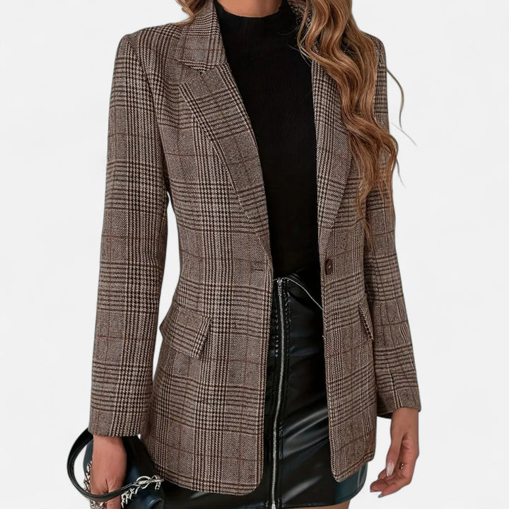 Women's tailored fit plaid blazer, perfect for professional office wear and chic evening elegance.