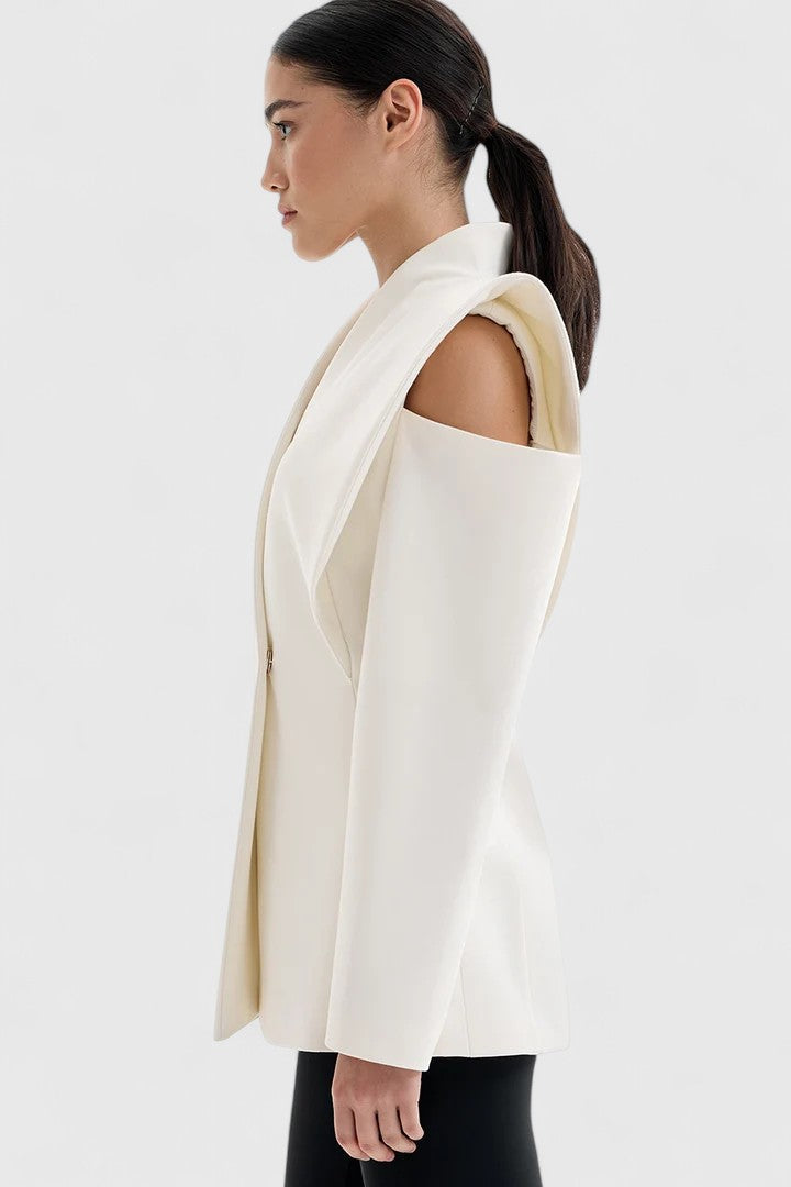 Ivory tailored blazer, a women's sleek structured shoulder jacket for sophisticated office and evening outfits.