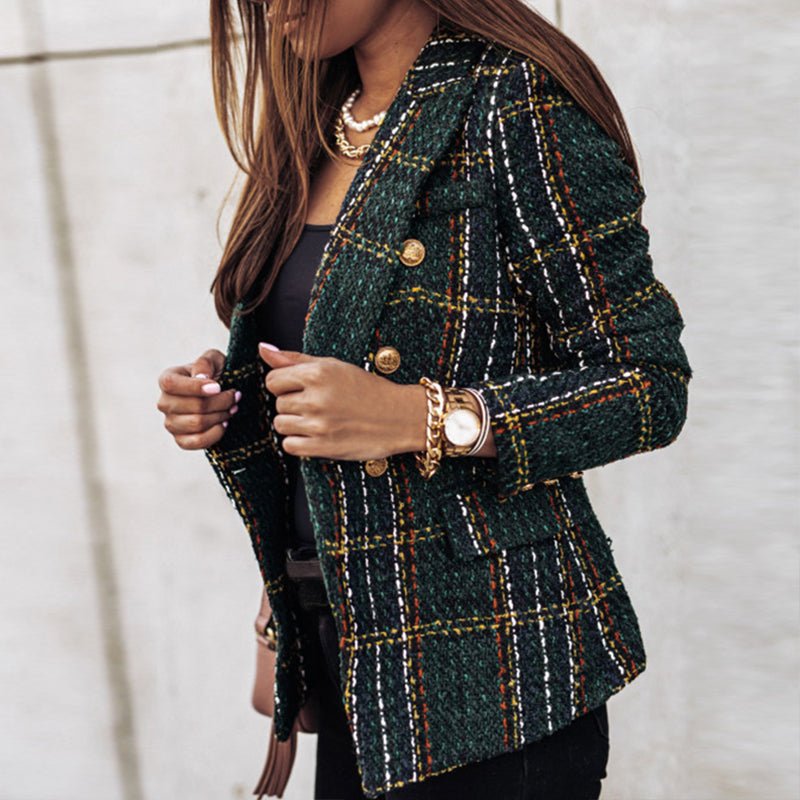 Women's tailored plaid double-breasted blazer with gold buttons, perfect for professional office wear.