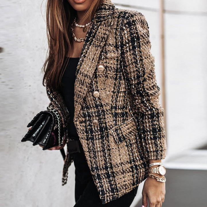 Elegant women's tailored plaid blazer featuring a double-breasted design and stylish gold button details.