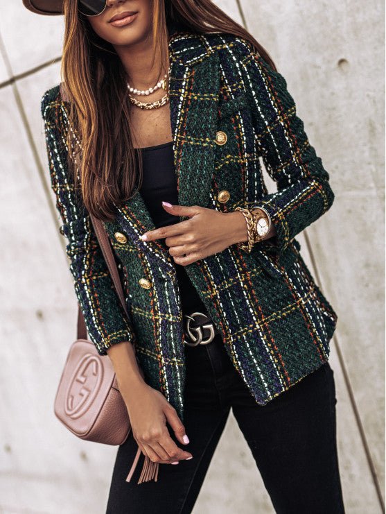 Women's plaid tailored blazer, double-breasted with striking gold buttons, perfect for elegant fashion.