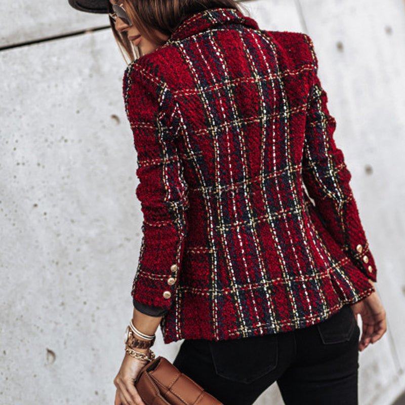 Sophisticated women's double-breasted plaid blazer, tailored fit, featuring prominent gold button accents.