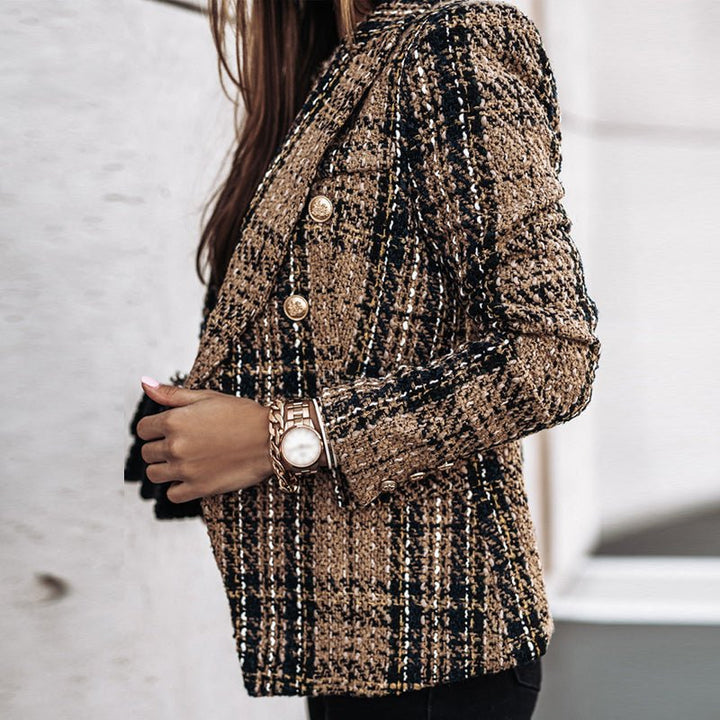 Classic women's plaid blazer, double-breasted with gold buttons, a staple for professional and smart casual.