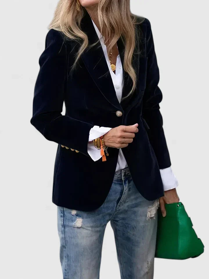 Women's tailored single-breasted blazer with elegant gold buttons. Perfect for professional or smart casual wear.