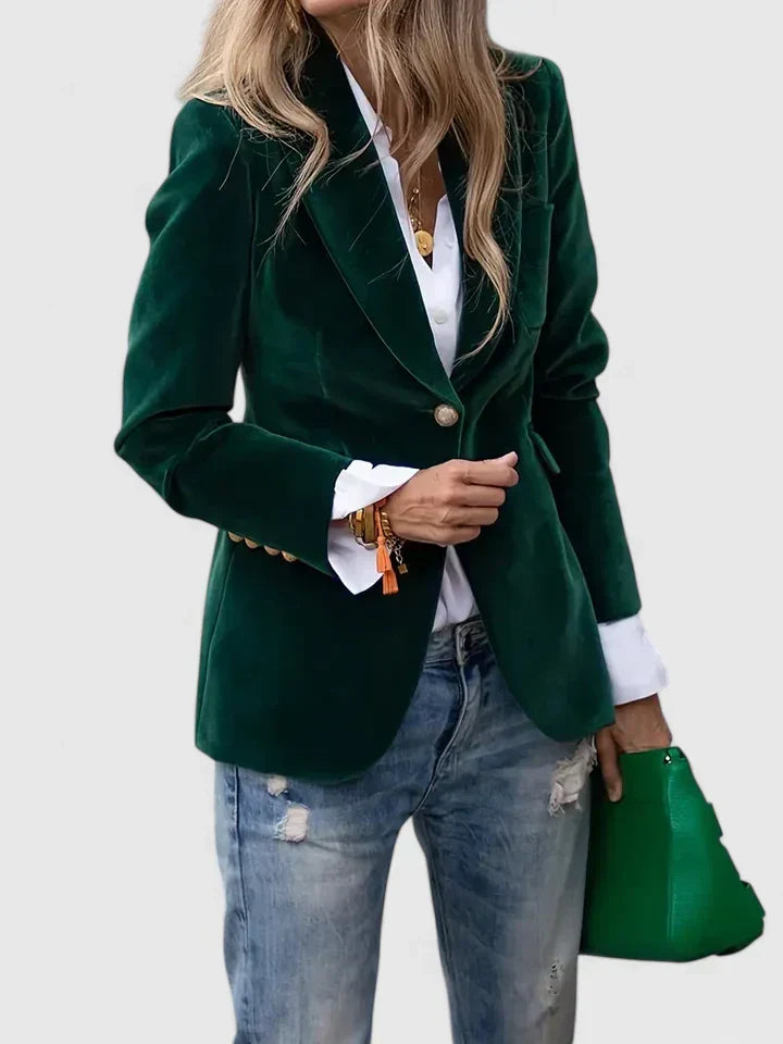 Professional women's tailored blazer, single-breasted, with stylish gold buttons. Elevate your formal or office attire.