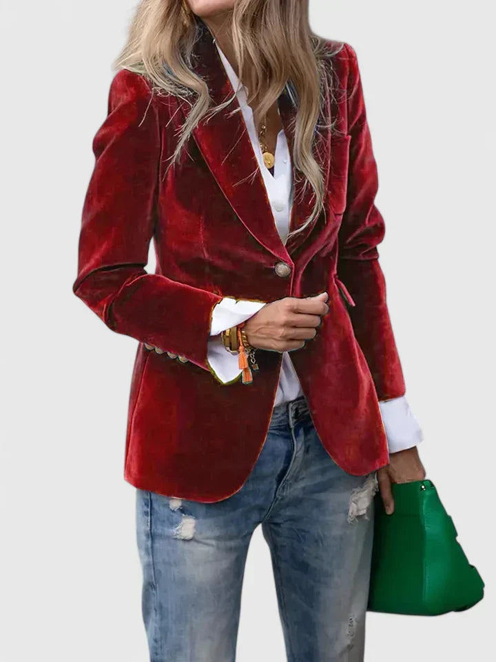 Stylish women's tailored blazer, a single-breasted formal jacket with chic gold buttons. Offers a sleek, flattering fit.