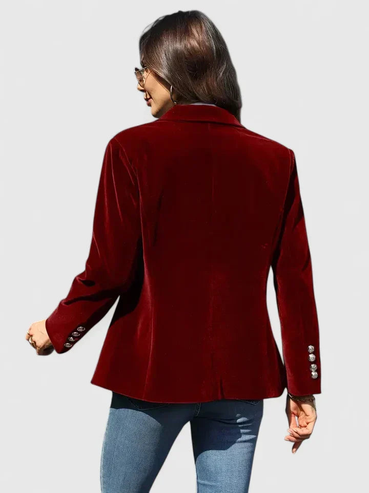 Versatile women's gold button tailored blazer, single-breasted, suitable for professional wear, smart casual, or events.