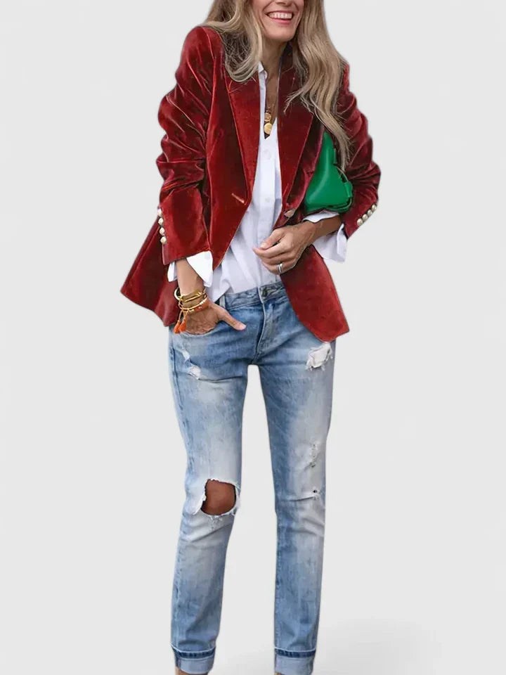 Elegant women's single-breasted blazer with gold buttons. A chic tailored formal jacket, perfect as stylish outerwear.